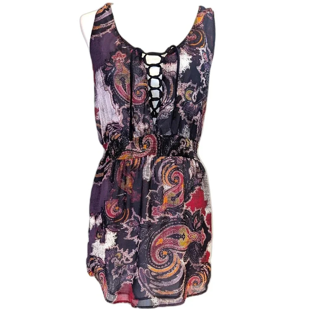 Free People | Purple Paisley "Falling For Georgette" Lace Up Mini Dress | XS - Picture 2 of 11
